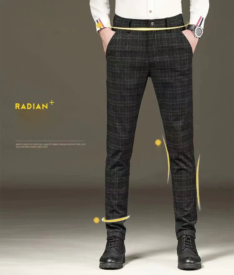 Fashion Black Grey Casual Trouses Mens Straight Fit Long Pants Striped Plaid Four Seasons High Quality Brand Business Trousers