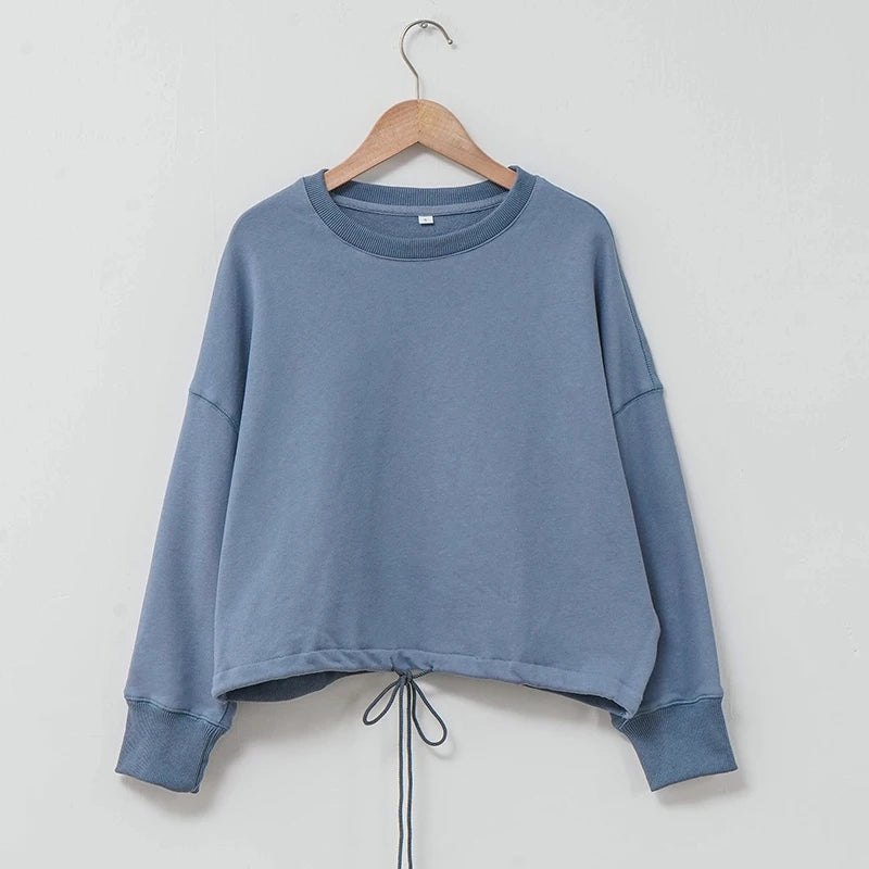 100% Cotton Women's Drawstring Sweatshirt Autumn New Casual Solid Long Sleeved Korean Fashion Streetwear Female Pullover