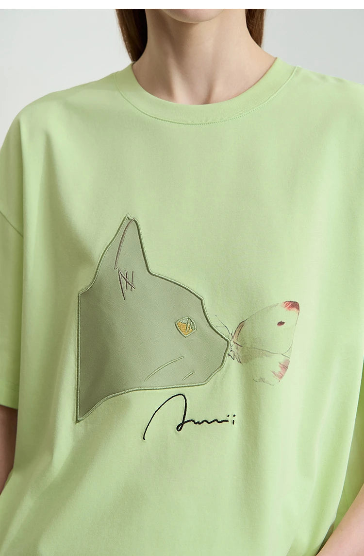 AMII Summer Casual T-shirt for Women 2025 Print Round Neck Short Sleeve Shirts Lady Fashion New Loose Clothes Woman 12522007