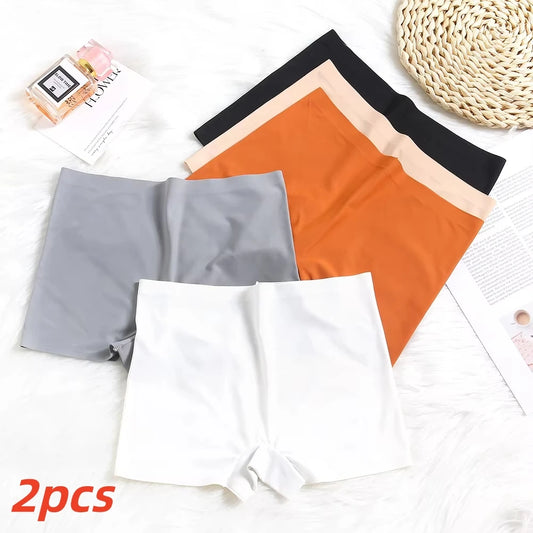 2pcs Seamless Women Boxers Underwear Ice Silk Shorts Solid Color Ladies Soft Boyshorts Plus Size M/L/XL