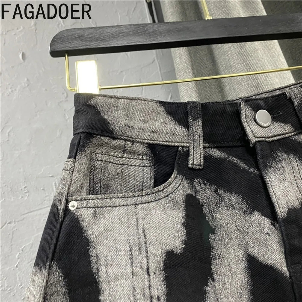 FAGADOER Gray Tie Dye Printing Fashion Denim Mini Skirts Women High Waist Button Pocket A-line Jean Skirts Sexy Y2K Streetwear