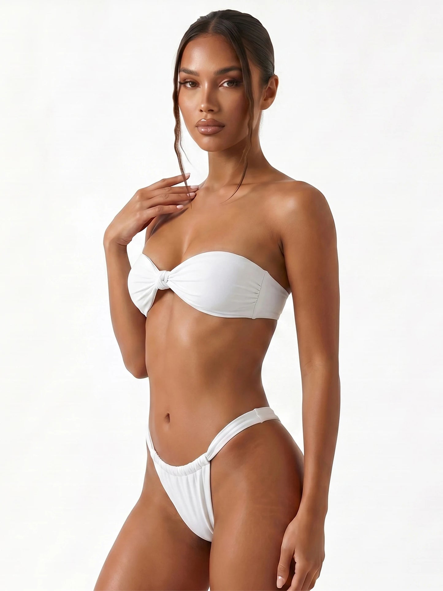 Women Summer 2-Piece Swimsuits Knot Front Strapless Bikini Bra and Elastic Bottoms Sets for Beachwear Bathing Suit