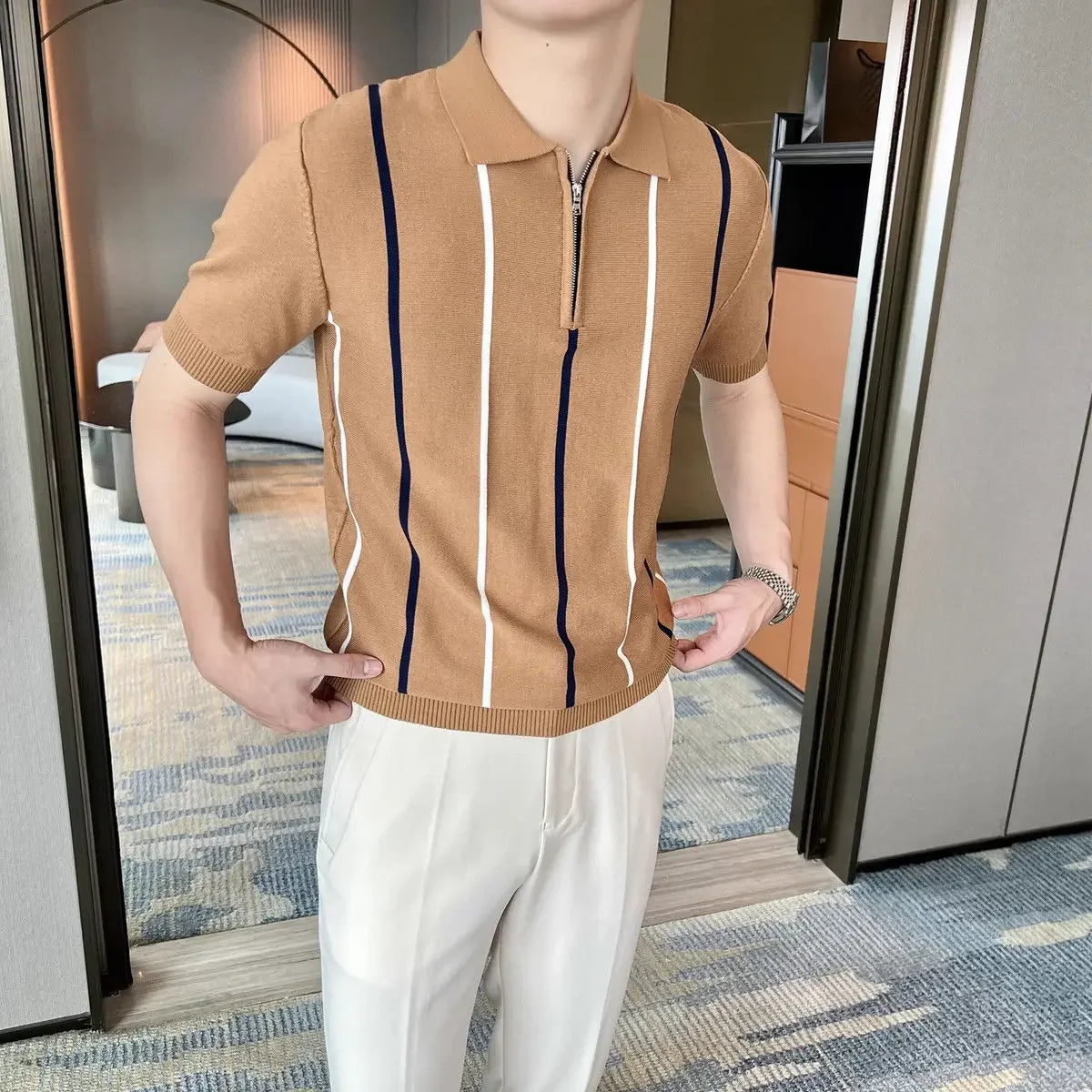 High-end Short-sleeved Men's British Retro Striped Slim Lapel Knitted Contrasting T-shirt 1/2 Pieces