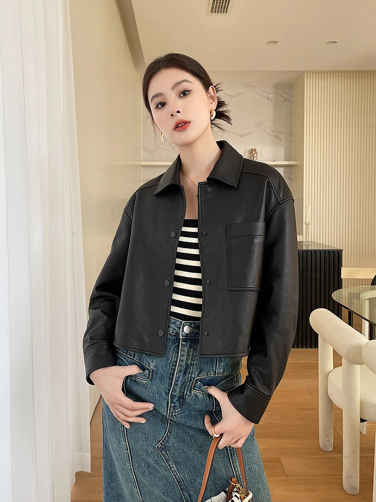 Casual Black Natural Sheepskin Coats for Women Spring Autumn 2026 New Trend High-end Simple Soft Short Genuine Leather Jacket