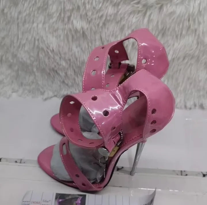 Padlock Metal Stiletto High Heels Sandals Purple Black Red Leather Big Ankle Strap Studded Celebrating Shoes