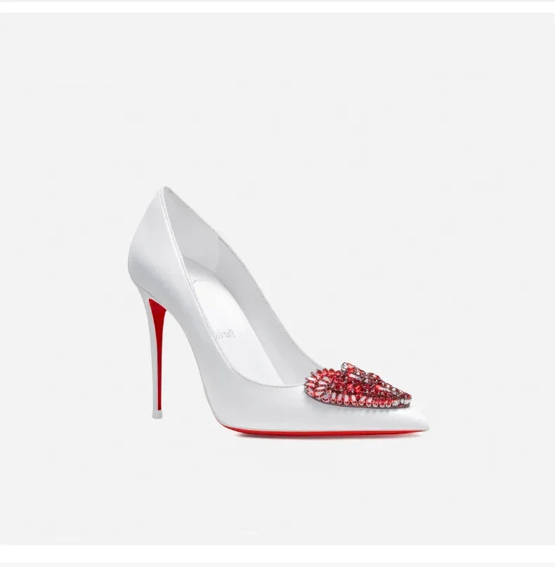 Red Bottom Love Water Diamond Shallow Mouth Pointed White High Heels, Women's Style Mingyuan Slim Heels