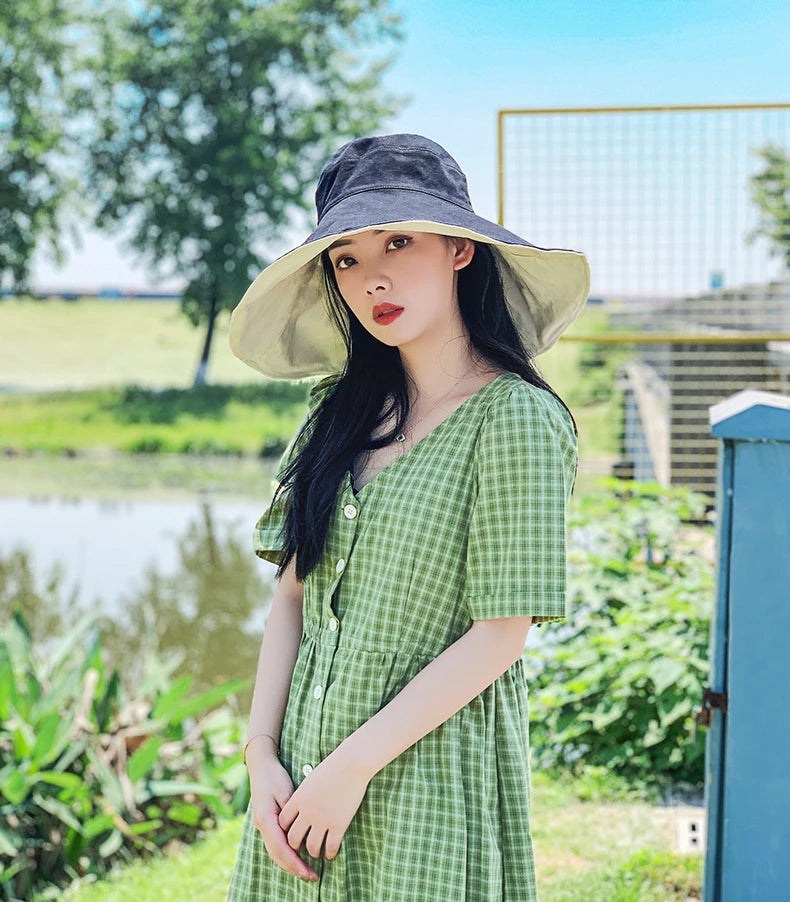 Wide Brim UPF 50+ Sun Hat Women Anti-UV Protection Hiking Fisherman Cap Fold Summer Solid Beach Hat 2024 Double sided Sun hat BAZAARHUBO