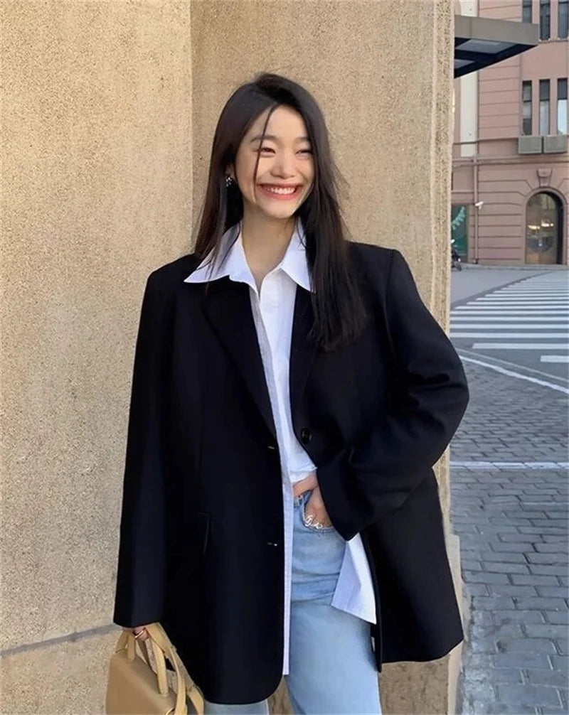 Back Slit Design Blazer Coat For Women Casual Korean Streetwear Chic Long Sleeve