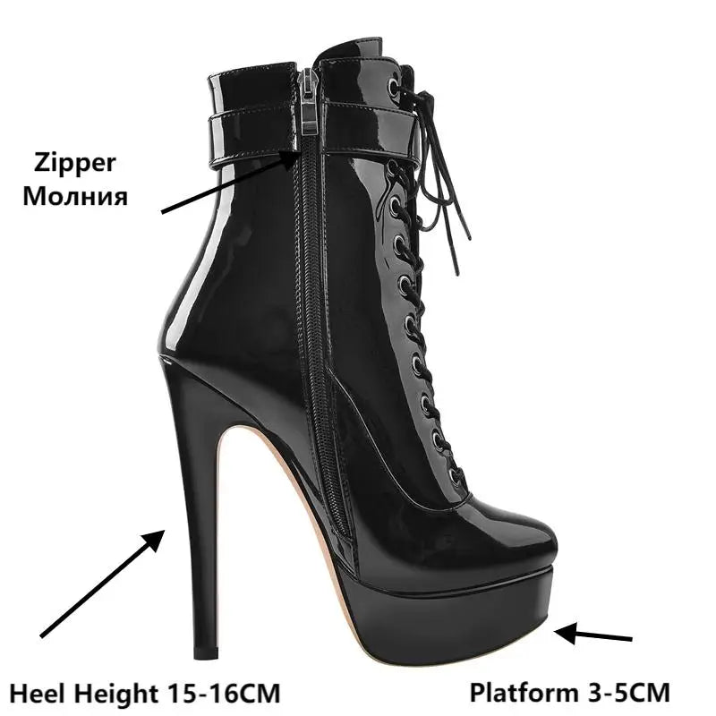 Onlymaker Women Platform Ankle Booties Patent Leather Thin High Heels Lace Up  Size Zip Winter Warm Zipper Boots Shoes