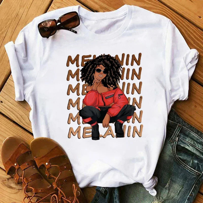 Fashion Print T-shirt Kawaii Melanin T Shirt Women Funny Black African Curly Hair Girl Graphic Tees Aesthetic Tshirt Female