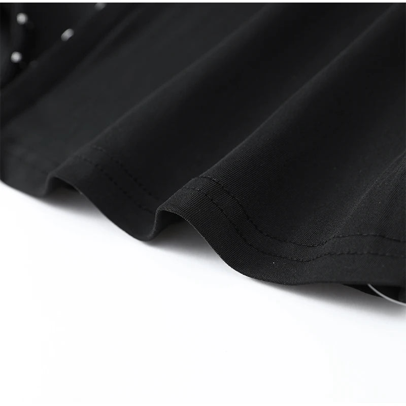 Y2k Black Hollow Out Slit Dress Women Solid Short Sleeve High Neck Slim Fit Maxi Dresses Lady Fashion Evening Party Club Robe