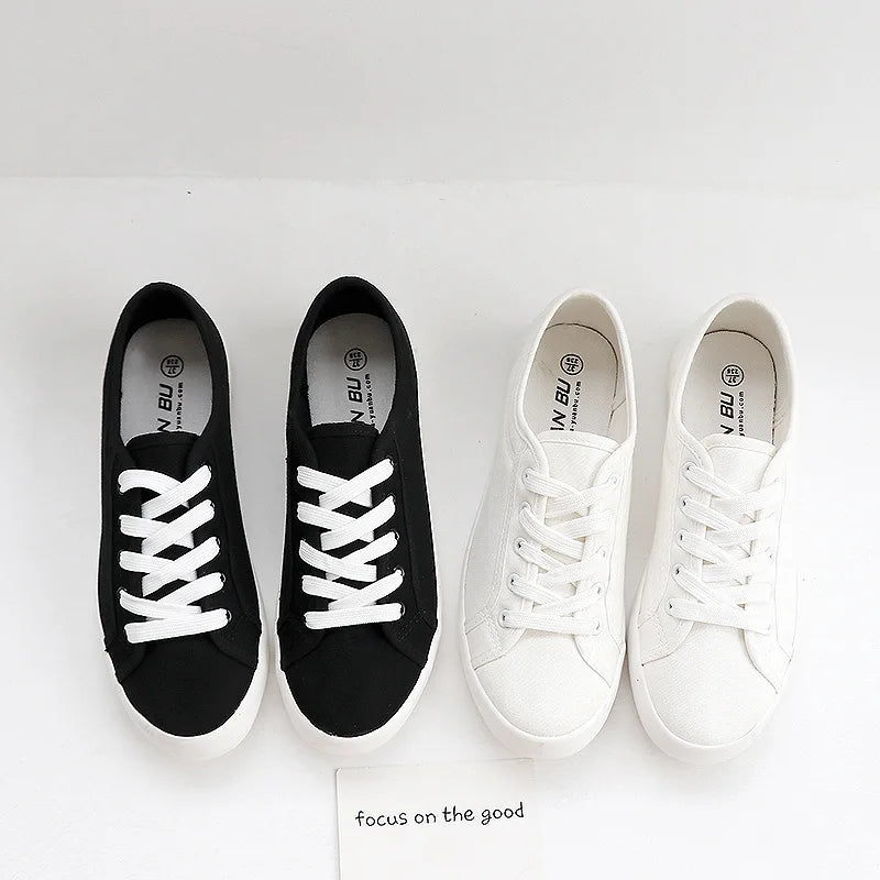 Unisex White Canvas Shoes Casual Summer Vulcanized Shoes Lace-up Students Cloth Shoe Women's Flats Sneakers Women Board Shoes