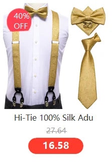 Hi-Tie Silk Adult Men's suspenders Set Leather Metal 6 Clips Braces Gold Brown Floral Vintage Men Fashion Wedding Suspenders Men BAZAARHUBO
