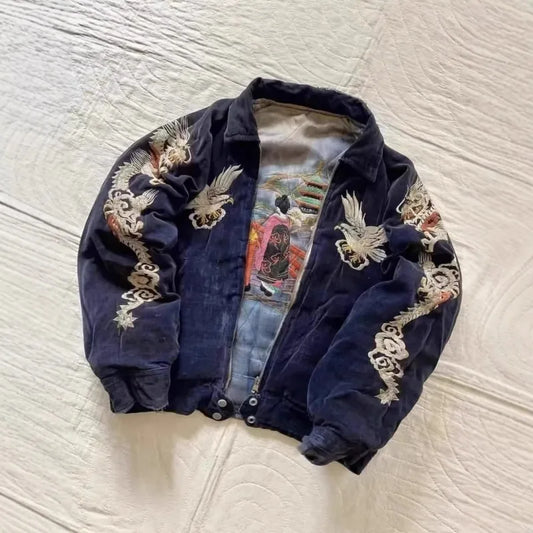 Hip Hop Japan Harajuku Style Jacket Gothic Dragon Pattern Bomber Jackets High Quality Embroidered Y2k Zipper Fleece Lined Coat