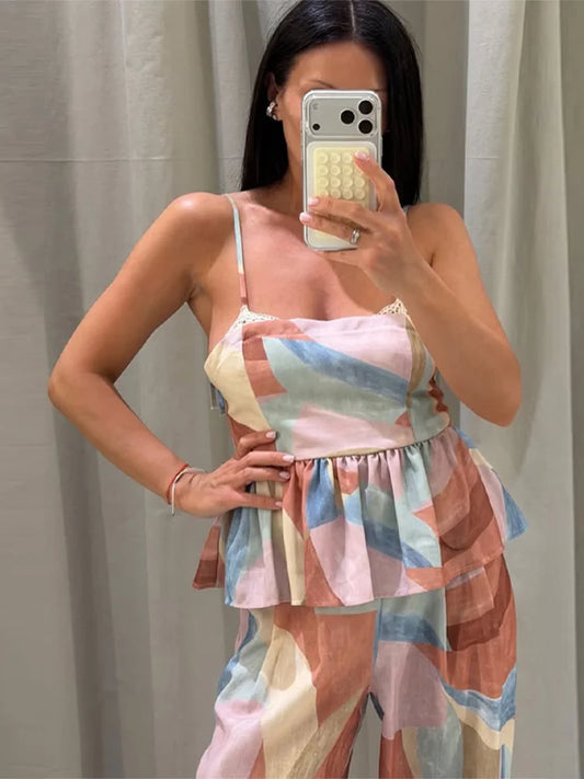 Pastel Print Cami Top Wide Leg Pants Set Ruffle Hem Sleeveless 2026 Summer Vacation Women Co-ord Set Chic Causal Lady Outfit