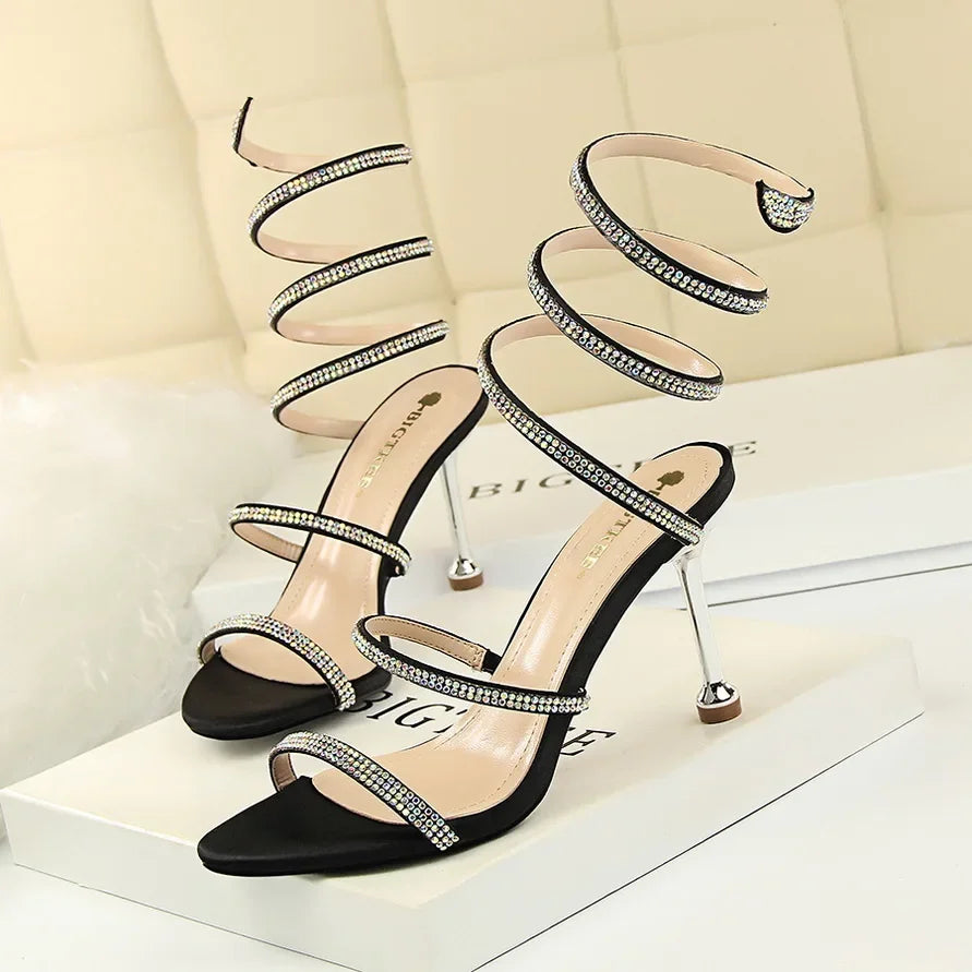 Summer Women 8.5cm High Heels Nightclub Silk Rhinestone Sandals Crystal Ankle Cross Strap Sandles Sexy Strange Gladiator Shoes
