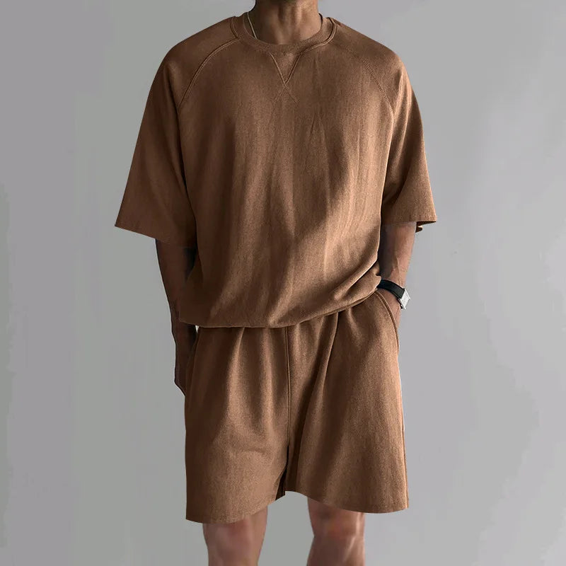 New 2026 Summer Men's Two Piece Sets Casual Loose Short Sleeve O Neck Tees and Shorts Tracksuits Men Stylish Solid Color Suits