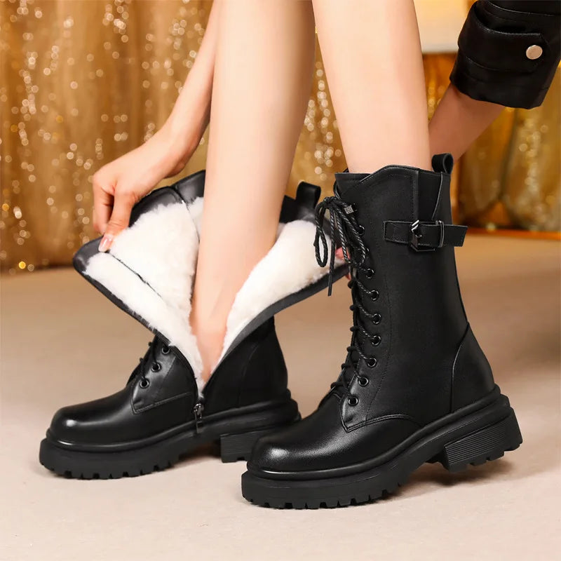 AIYUQI Women Boots Large Size Genuine Leather Thick Wool Warm Winter Biker Boots Women British Style Women Snow Boots