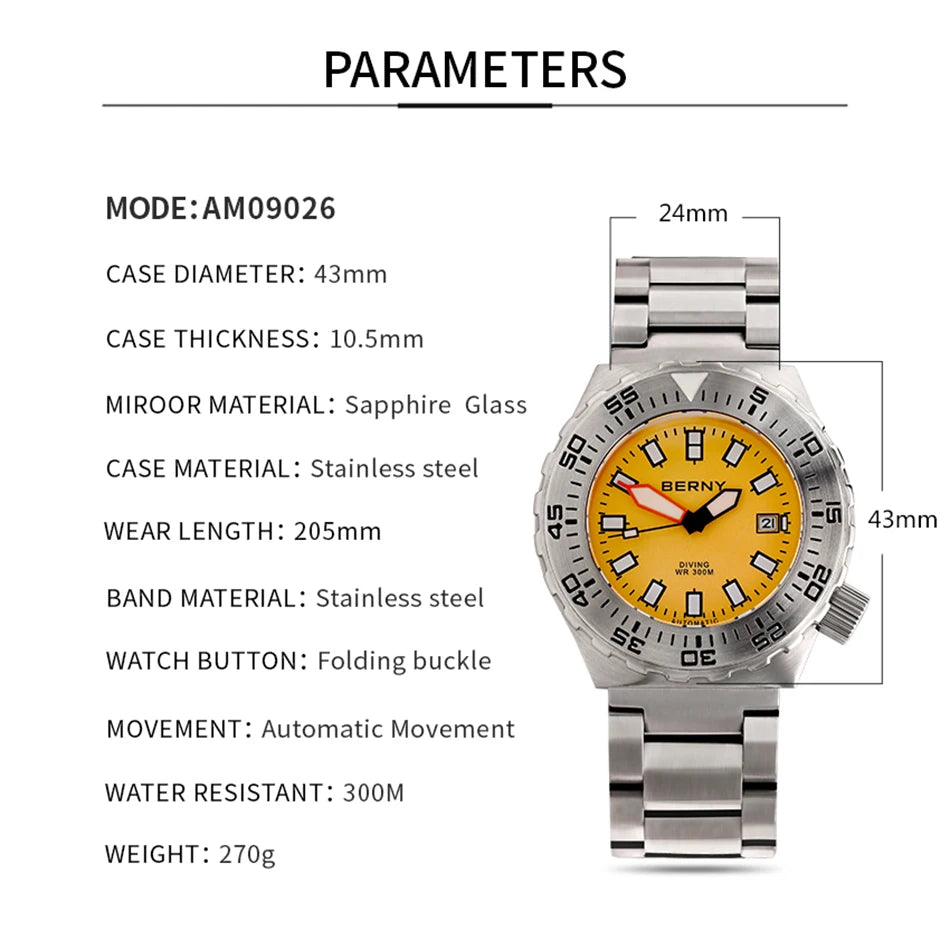 BERNY Automatic 30ATM Diver Men Watch Mechanical Wristwatches Waterproof Male Top Super Luminous Sapphire Sport Diving Watches
