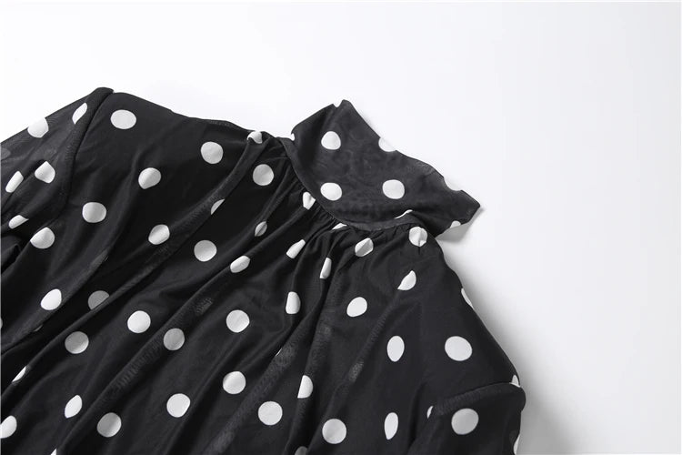 Nibber See Through Mini Dress Woman Turtleneck Mesh Full Sleeve Polka Dot Print Skinny Peach Hip Street Ruched Elegant Bodycon