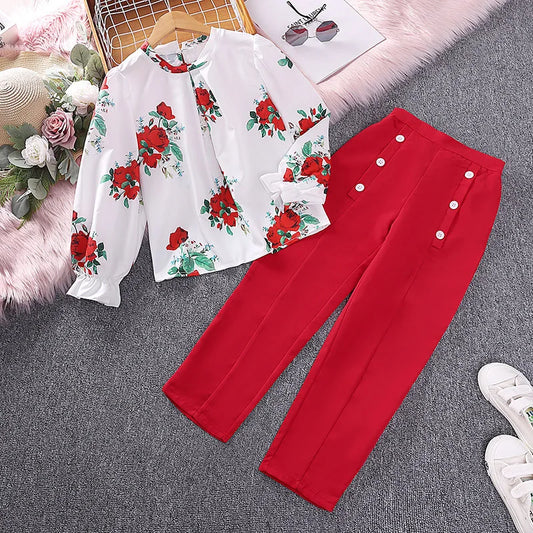 Kids Casual Clothing Sets Outfits for Girls 2024 Spring Autumn New Fashion Children Red Rose Floral Print Tops Long Pant 7-14Y