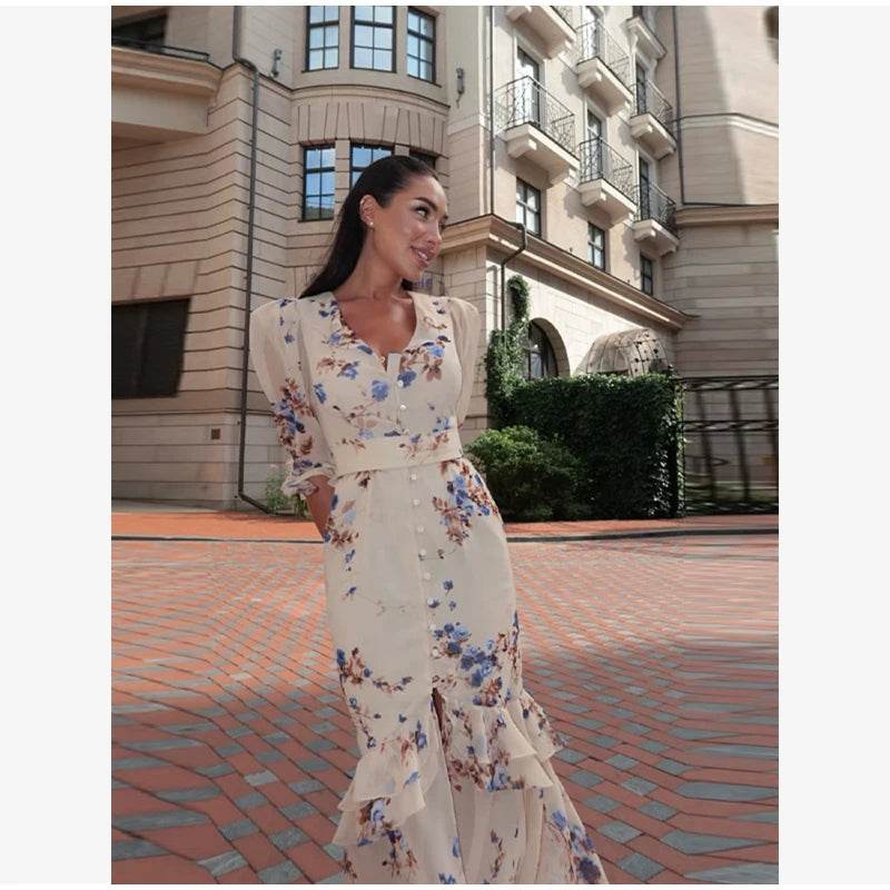 Elegant Floral Printed Woman Summer Dress V-neck Puff Sleeve Split Maxi Dresses For Women Fashion 2026 Women's Casual Gown New