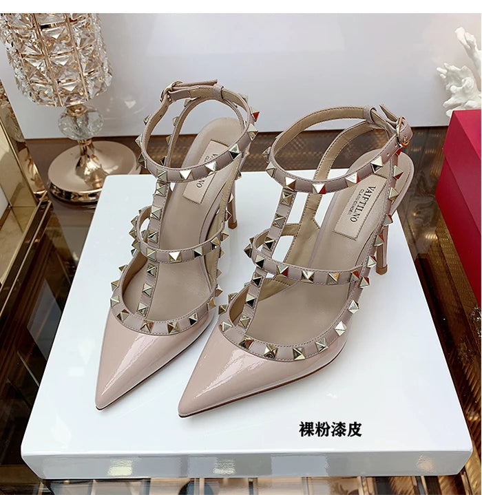 Nude Women's Gladiator sandals Summer 2025 Luxury With Ankle Strap Pointed Toe Fashion Rivet High Heels Party Ladies Shoes Women