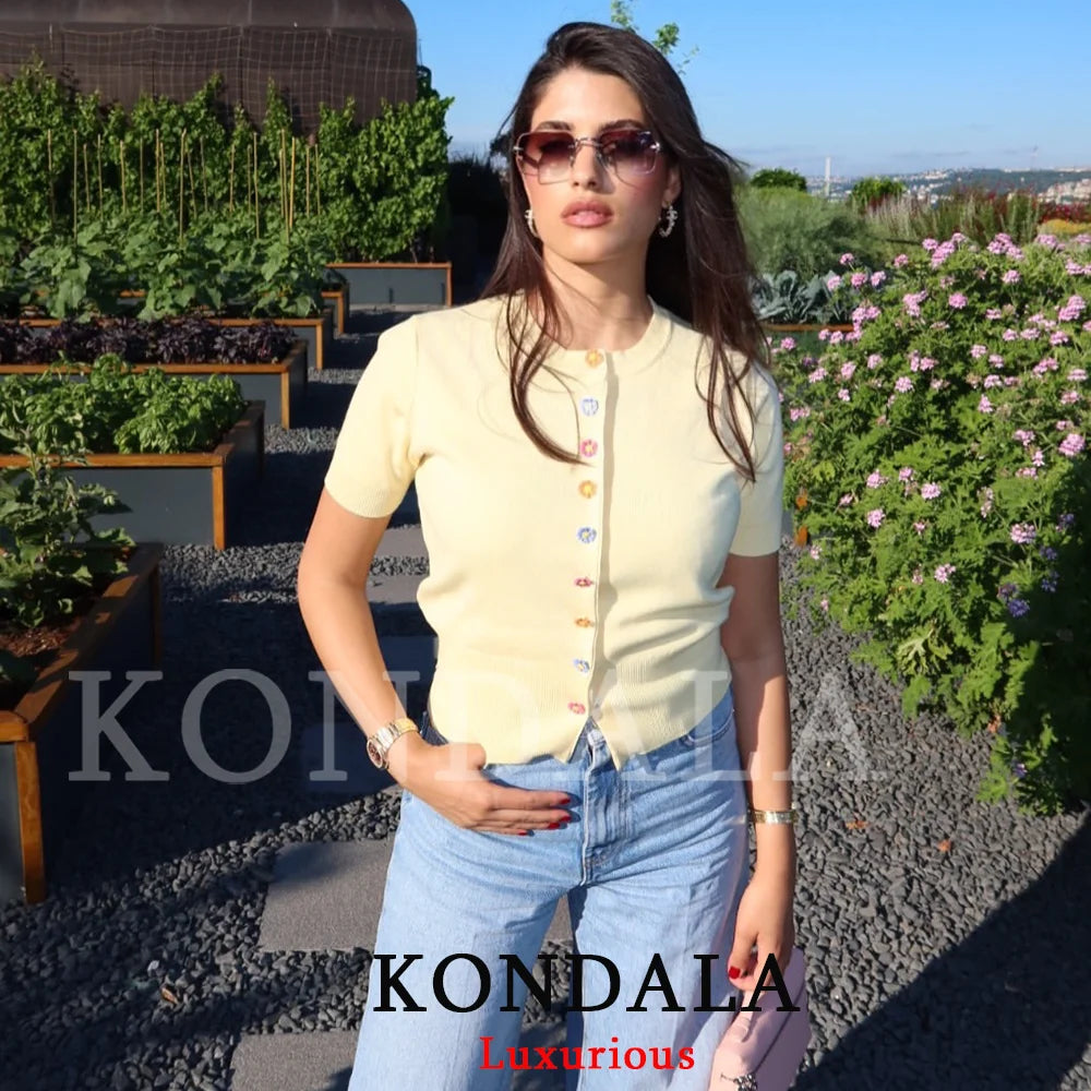 KONDALA Casual Butter Yellow Knit Cardigan Short Sleeve O Neck Flower Buttons Top Fashion 2026 Summer Holiday Women Knit Outwear