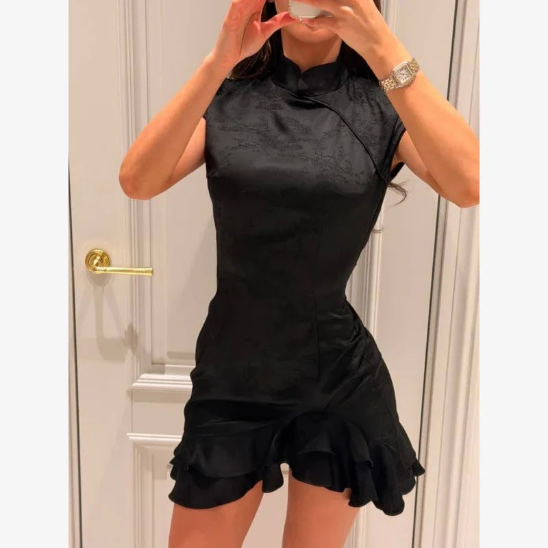 Lady Solid Satin Mini Dress Women Short Sleeve Stand Collar Patchwork Ruffle Draped Dresses Party Dinner Vestido 2026 Elegant