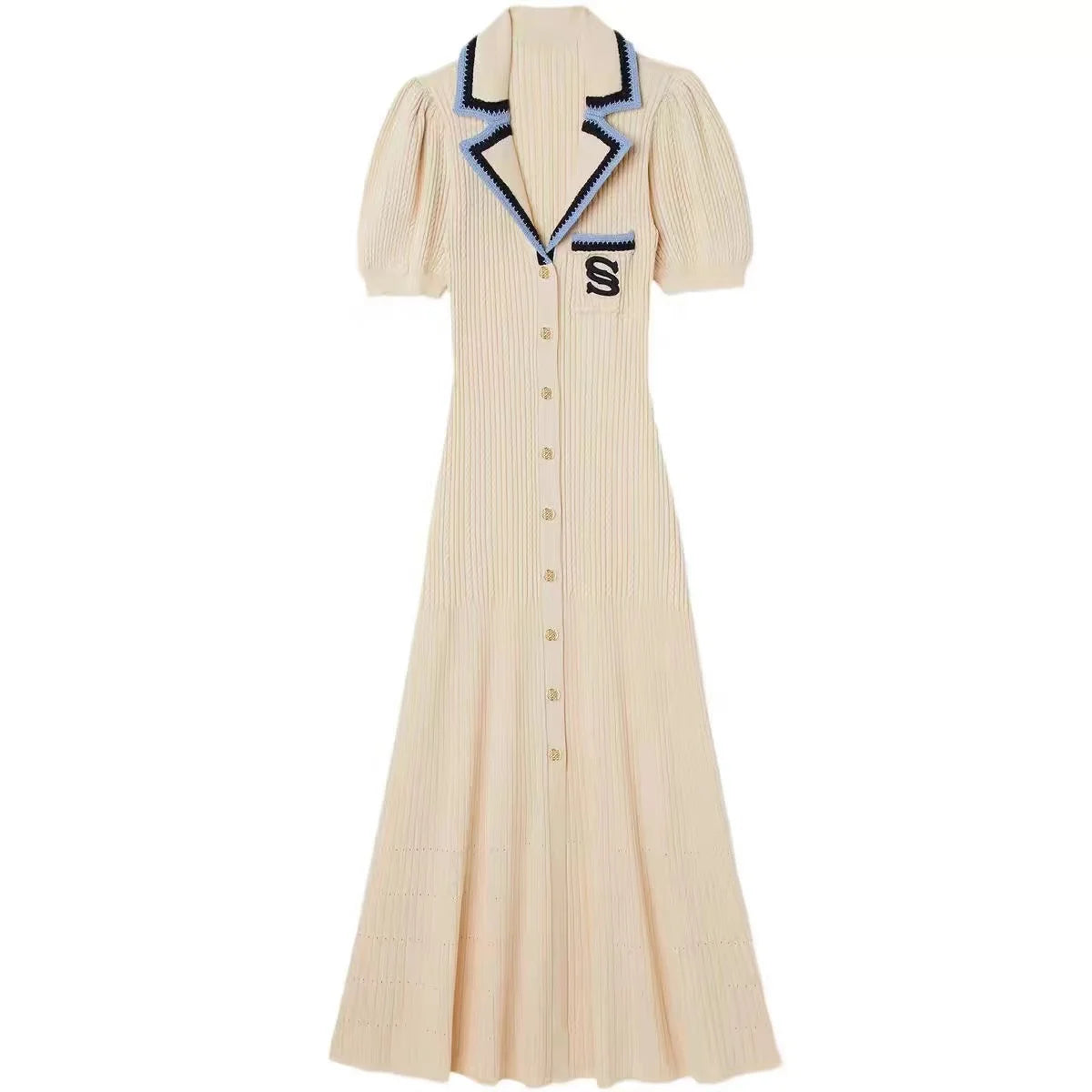 Summer Elegant Slim Knitted Long Sleeve Dress For Women Single Breasted White