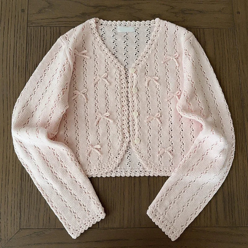 Sweet Knitted Cardigans Women Hand Crochet Bows Decoration Heart Hollow Out Sweaters for Kawaii Girls
