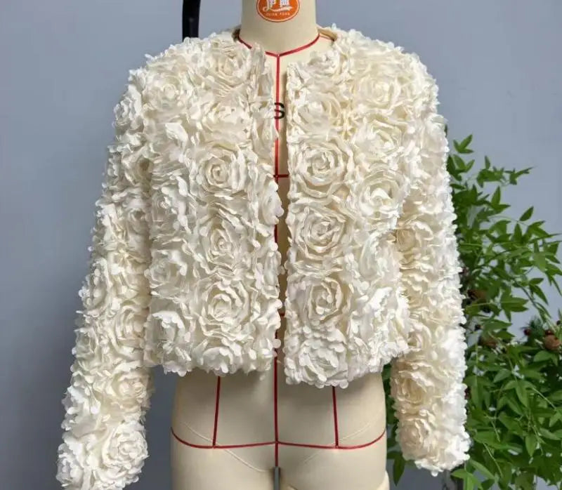 Spring and Autumn Simple Pure Color Round Neck Tops with Three-Dimensional Flower Shaped Texture Long Sleeved Jacket for Women