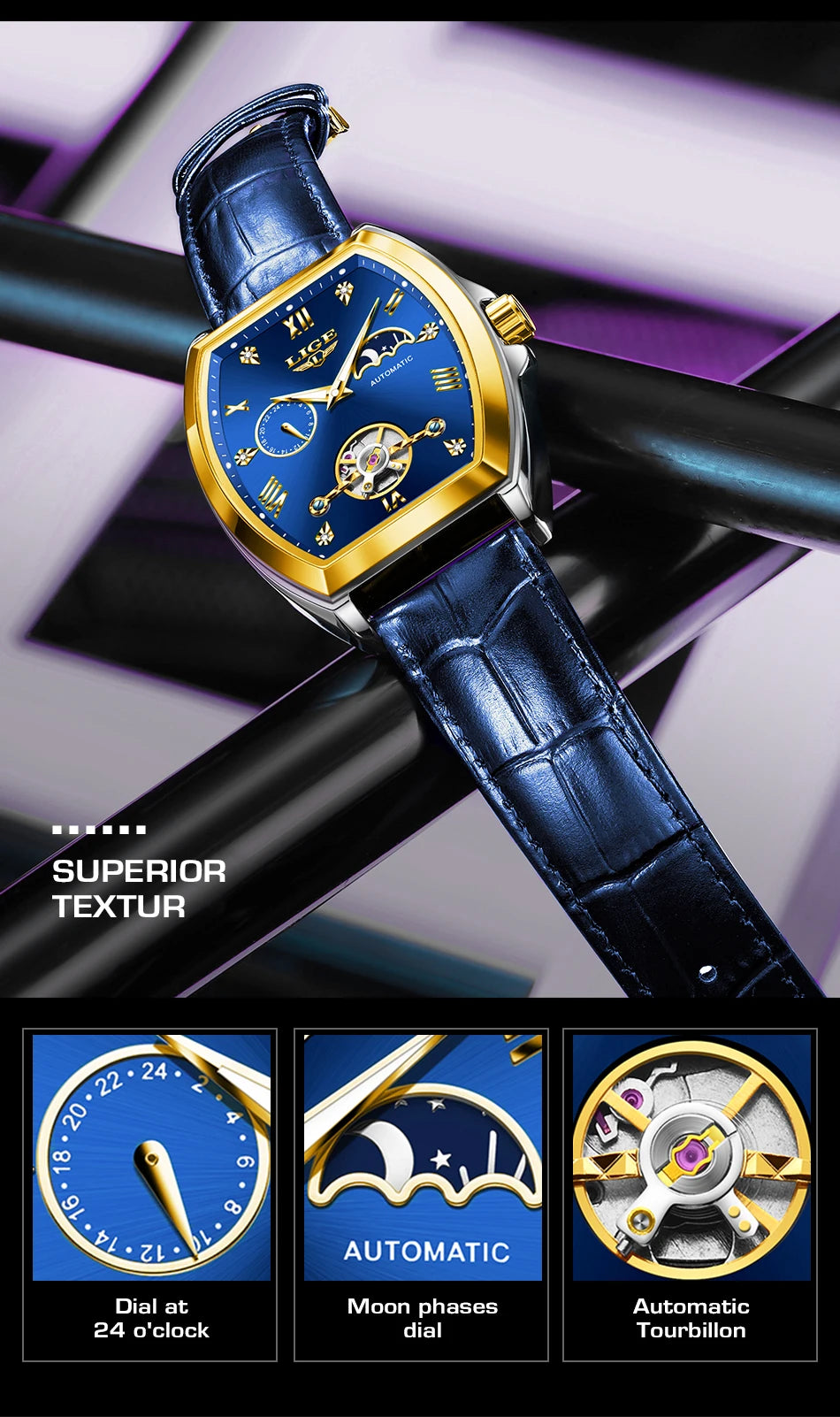 LIGE Luxury Mens Rectangular Dial Mechanical Watches Waterproof Leather Automatic Luminous Watch Business Men relogios masculino