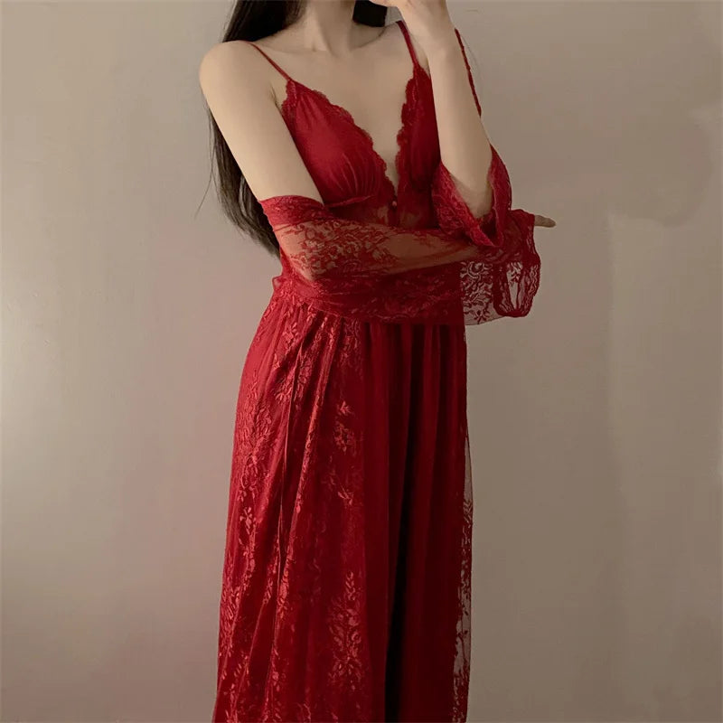 Sexy Two Piece Dress Set Spring Summer Sleepwear Lingerie Lace Sling Long Sleeve Nightdress Women Pijama Suit Ladies Nightgowns