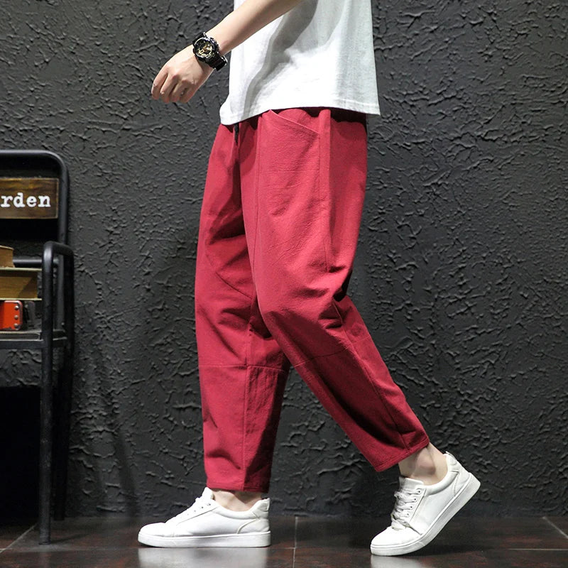 100% Cotton Men's Summer Casual Loose Pants Trendy Japanese Style Cropped Pants for plus Size Men up to 5XL