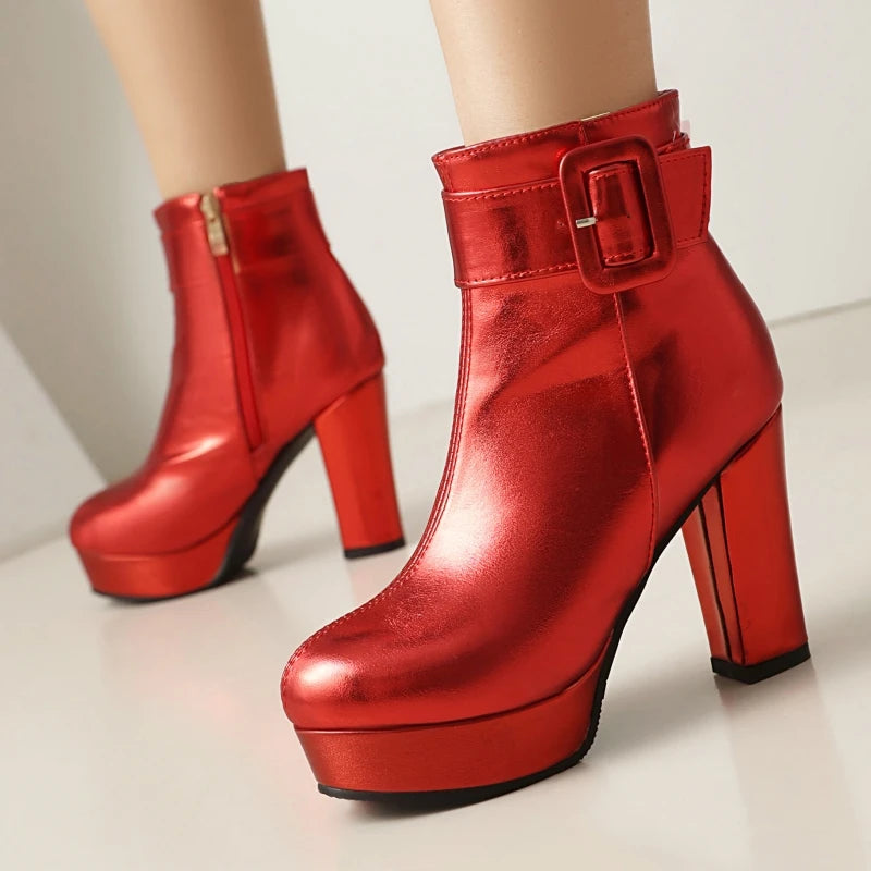 Luxury Women's Ankle Boots High Heels Platform Short Boot Zipper Gold Silver Pink Red Party Dance Shoes Female Large Size 45 48