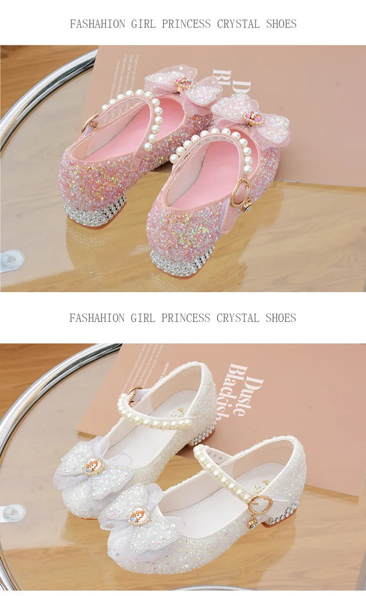 Girls' Shoes High Heels for Kids Elegant Girl Shoes Party Sequin Child Girl Heel Shoe Church First Communion White Princess Shoe