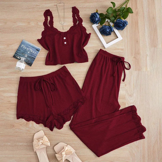 3PCS Pajamas Set for Women Sleepwear Solid Vest Shorts and Pants Paired with Lace Splicing for Homewear Loungewear