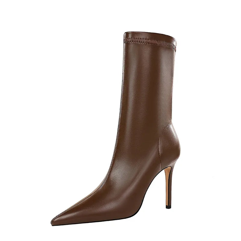 Eilyken Fashion Winter High Quality Soft PU Leather Socks Women Ankle Boots Street Style Pointed Toe Thin Heels Ladies Botines