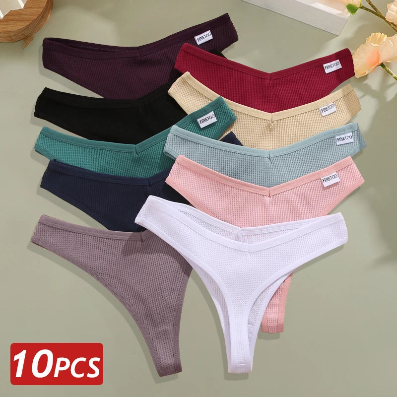 10PCS/Set Women Waffle Cotton Thongs Panties Female Breathable G-String Underwear Ladies Sexy V Waist Bikini Girls Soft Lingerie