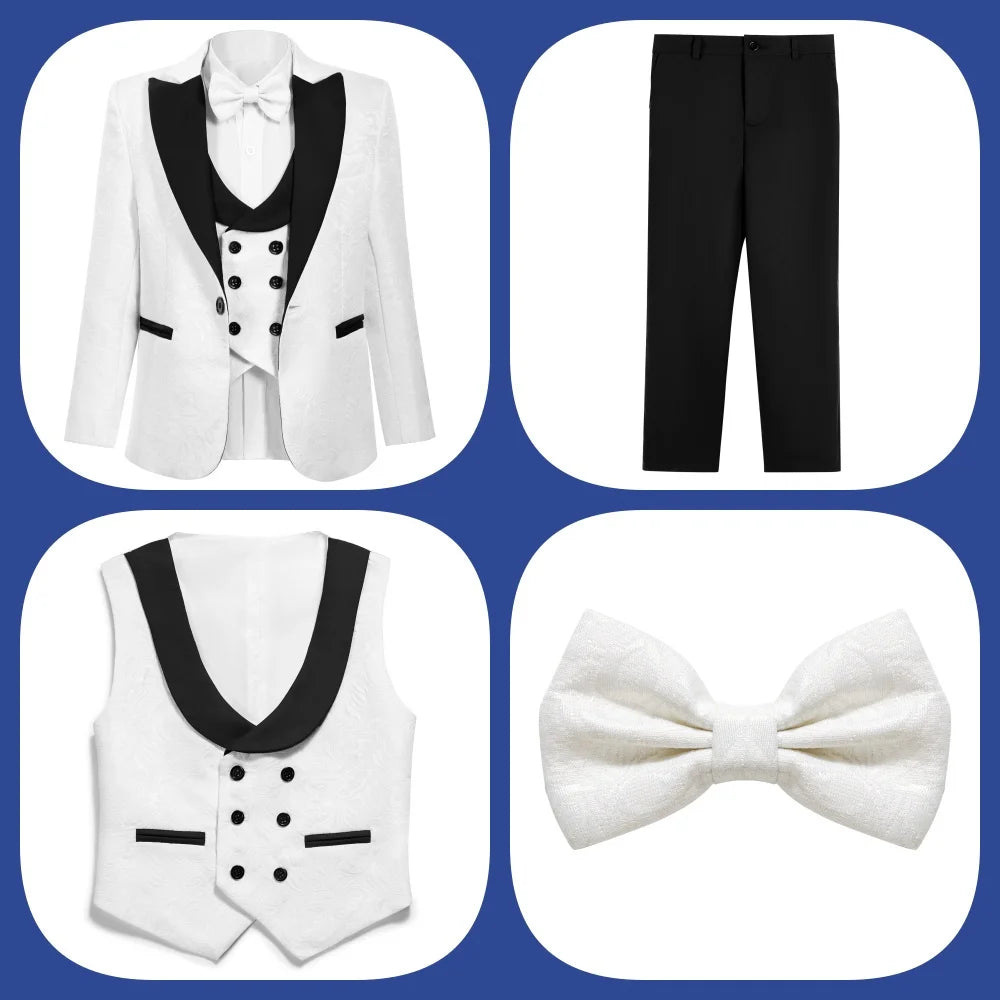 Handsome Linen Boys Suit 4-Piece Set with Floral Bow Tie 2026 Classic Formal Blazer Vest Pants for Ring Bearer Wedding Party