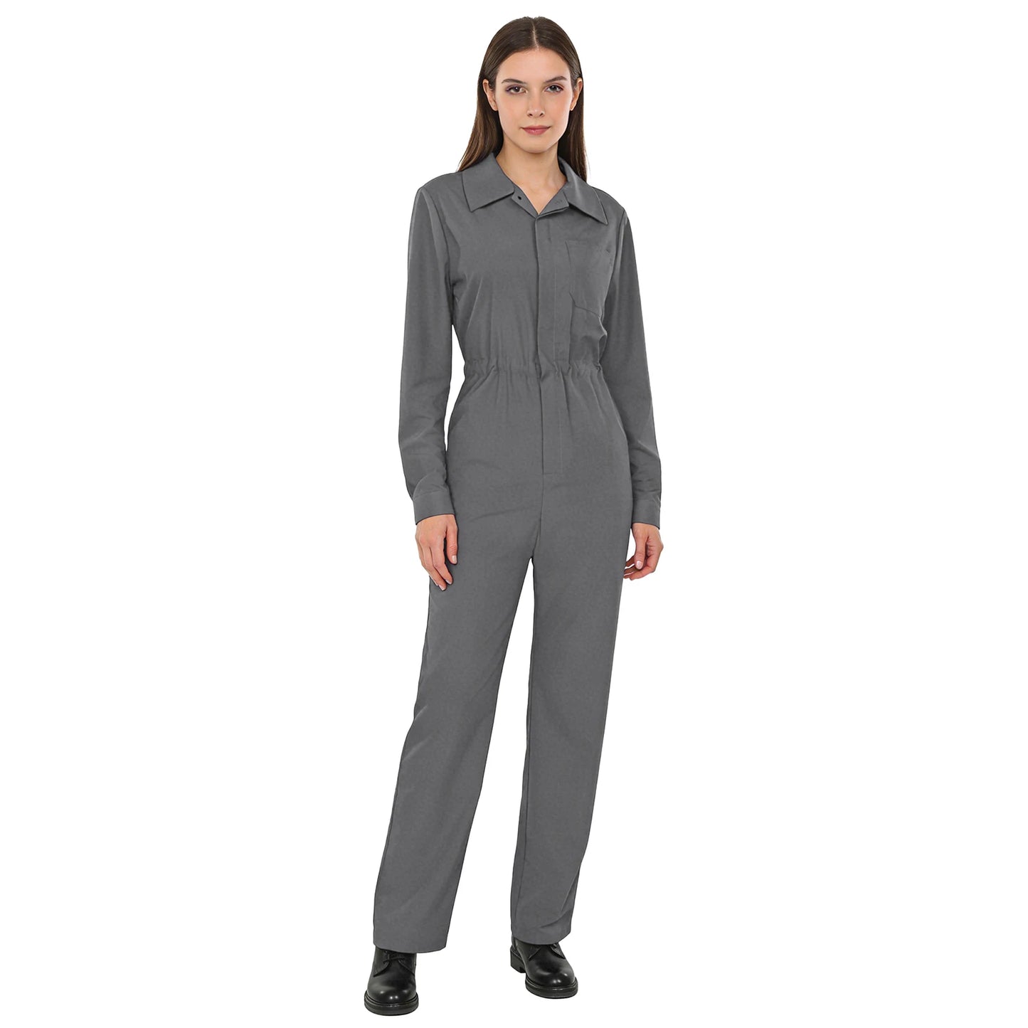 Womens Coverall Solid Color Turn-Down Collar Long Sleeve Button Jumpsuit Mechanic Work Overalls Fashion Casual Cargo Rompers