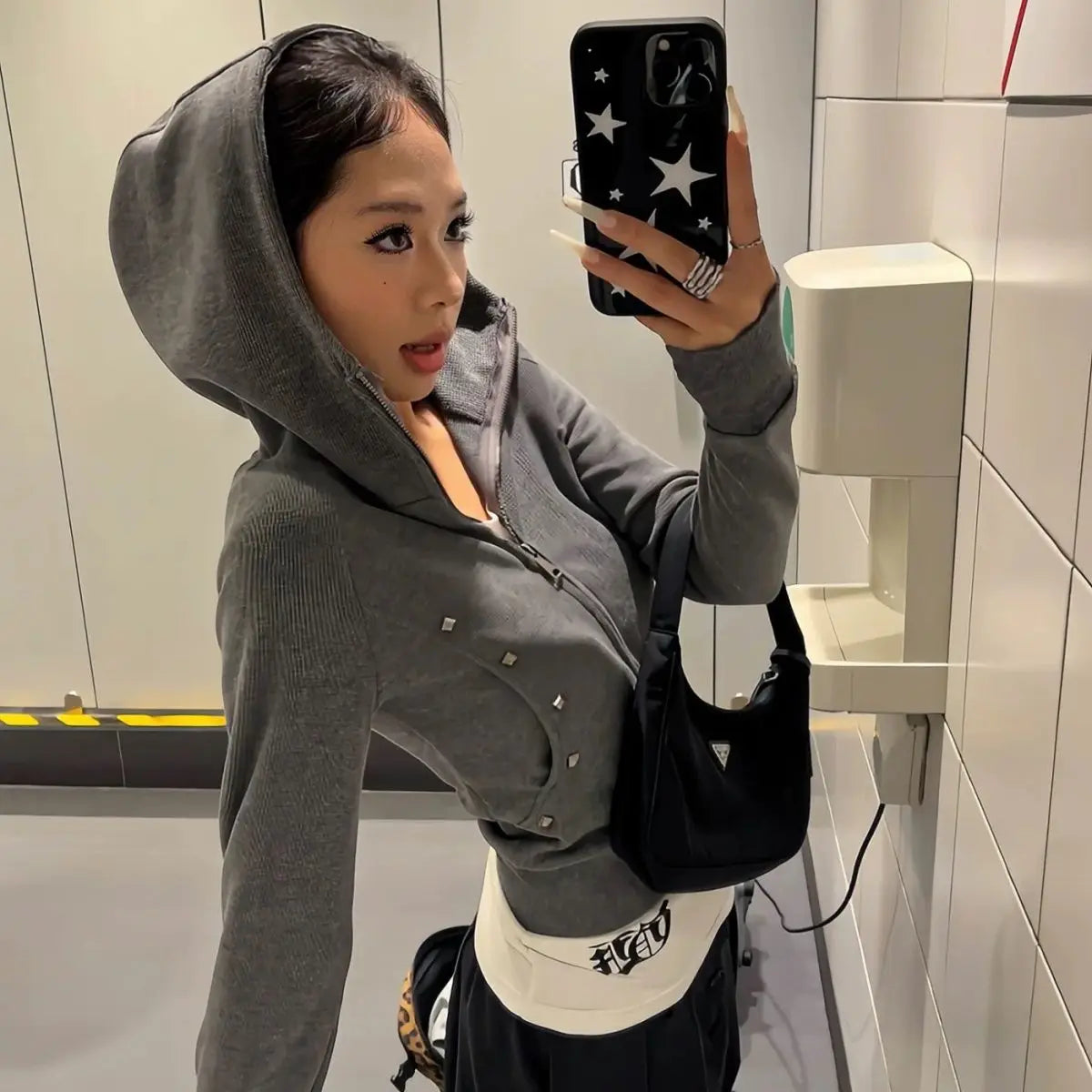 Harajuku Casual Rivet Hooded Hoodies 2025 Autumn Women Y2k Aesthetic Dual Zippers Streetwear Coats Grunge Slim Fit Sweatshirts