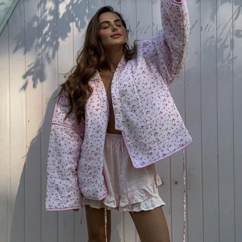 Floral Printed Women's Cardigan Cute Lace up Pink Women Coat Casual Loose Autumn Warm Coats Fashion New Ladies Coats Outerwear