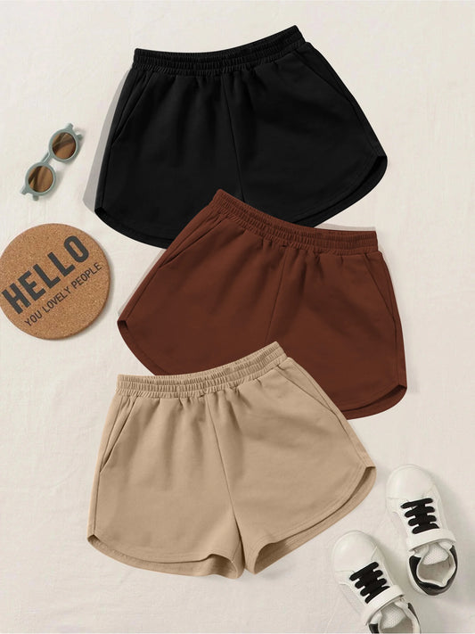 Girls Big Kids 3-Piece Set Casual Solid Color Shorts Outfit Sporty Shorts for Outdoor Scenarios Casual Summer Gift Idea