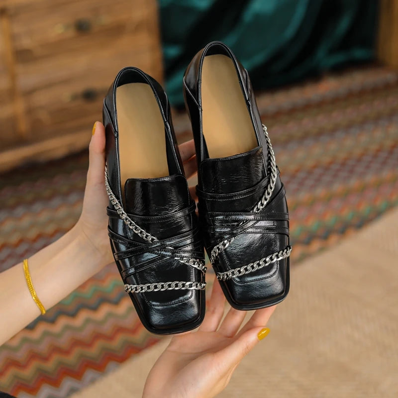 Dilalula 2025 Luxury Genuine Leather Loafers Womens Autum Spring Low Thick Heels Chain Pumps Female Leisure Natural Leather