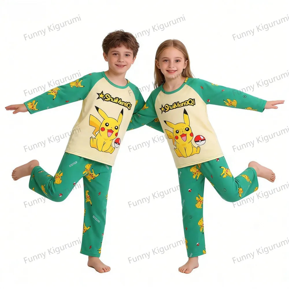 Cartoon Pijamas for Kids 3 to 5 7 9 11 13 Years Clothing Sets Boys Home Wear Girls Full Sleeve Pikachu Pajamas Teen Loungewear