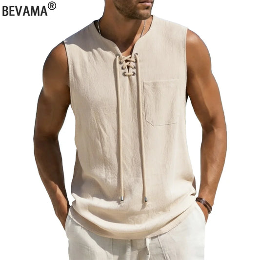 Men's Linen Shirts Summer Breathable Loose Leeveless Vest Lace Up Blouse Retro V Neck Shirt Fashion Casual Male Tees Tops