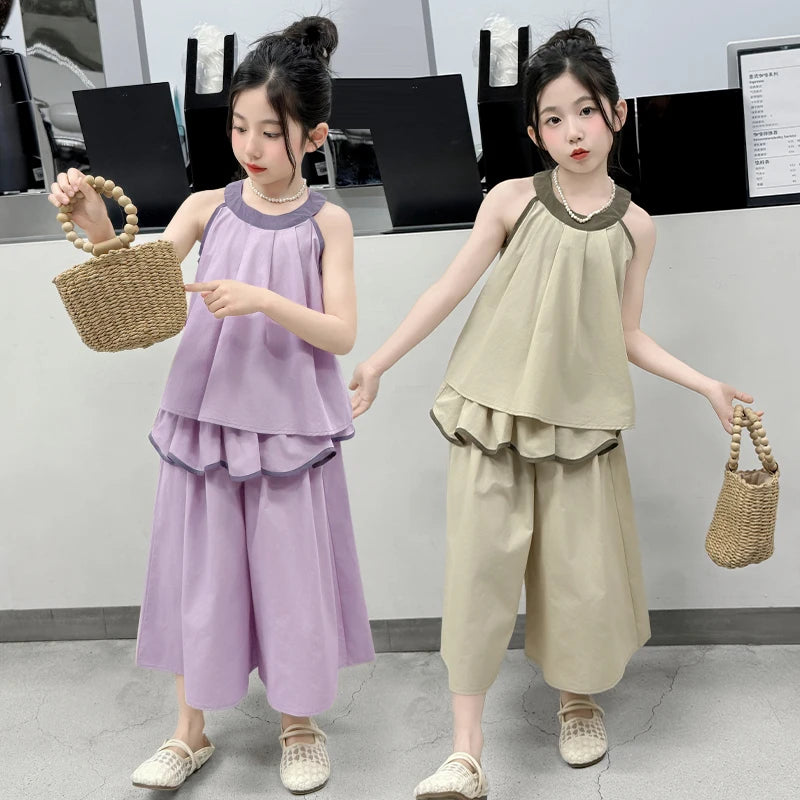 Girls Summer Casual Loose Skirt Pants Set Two Piece Outfit Big Kids Fashion Children's Clothing Set Comfortable