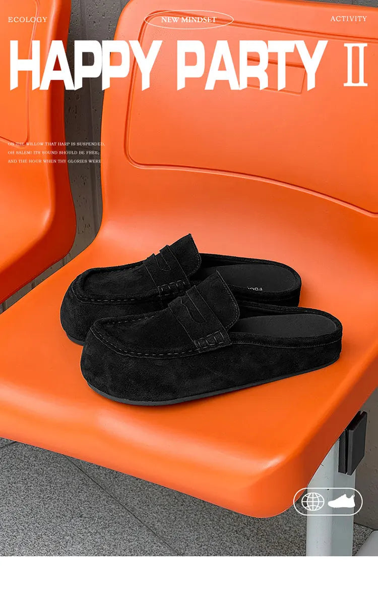 Suede Leather Open Back Casual Shoes Mules Men Backless Loafers Slippers Half Shoes Slip On Flats Vintage Man Slides Sandals